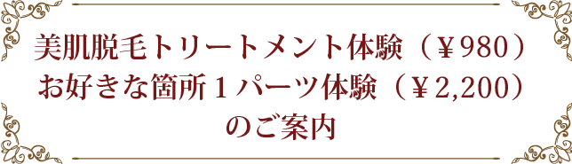 美肌脱毛トリートメント（￥980）・お好きな箇所２パーツ体験（￥2,000）のご案内