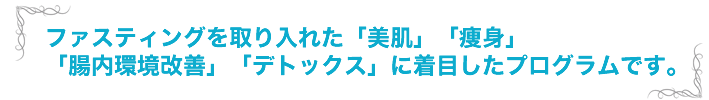 ファスティングを取り入れた「美肌」「痩身」「腸内環境改善」「デトックス」に着目したプログラムです。